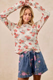 BiBi Floral Print Washed Waffle Thermal Top With Thumb - Trendsi - Flyclothing LLC