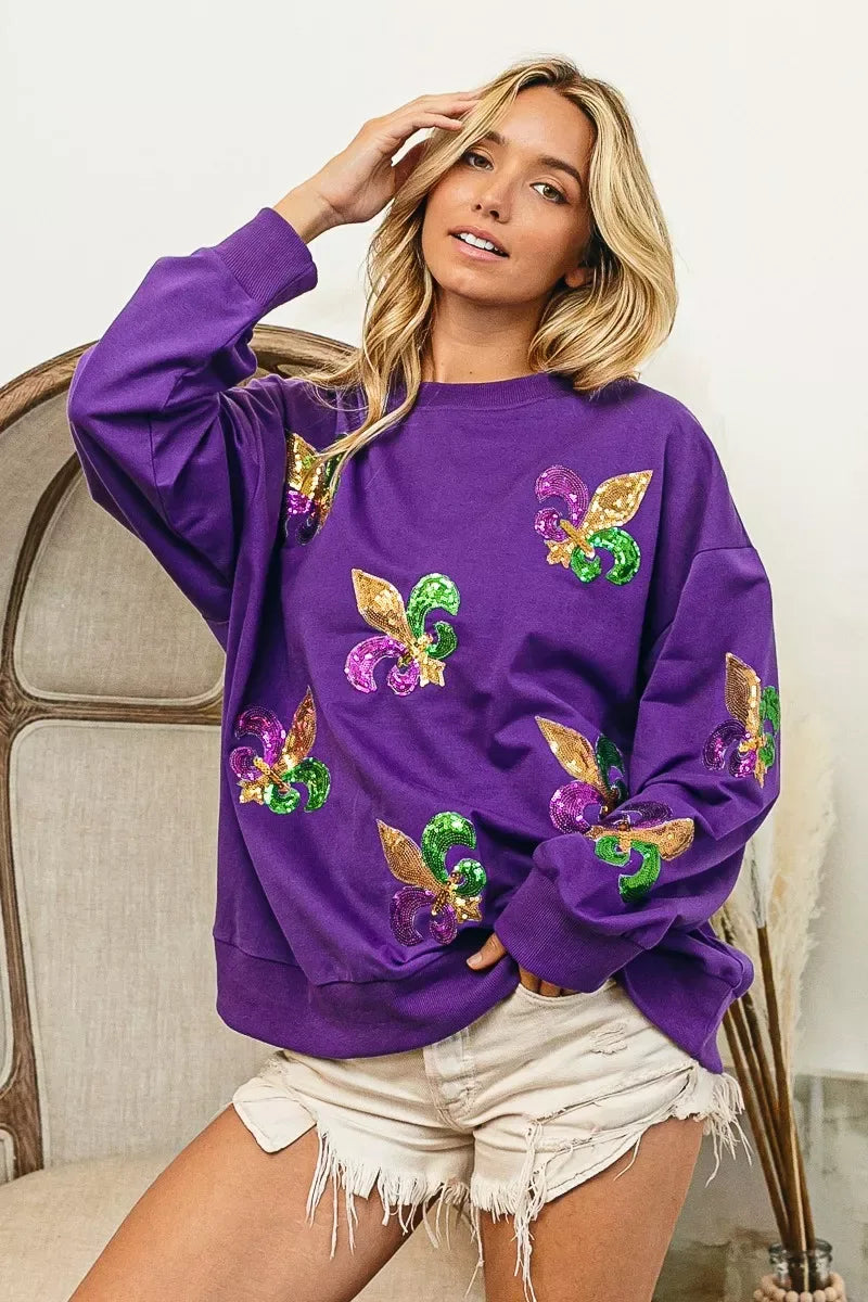 BiBi Fleur De Lis Sequin Patches Mardi Gras Sweatshirt - Trendsi - Flyclothing LLC