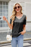 Sequin Crisscross V-Neck Cold Shoulder Blouse - Trendsi - Flyclothing LLC