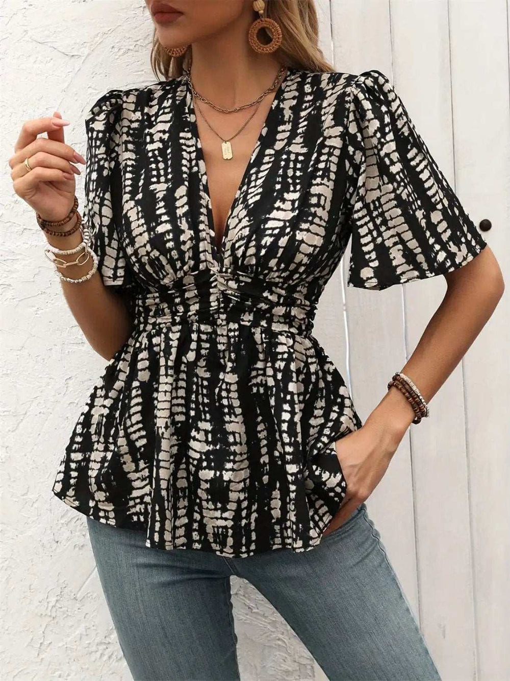 Printed V-Neck Half Sleeve Blouse - Trendsi - Flyclothing LLC