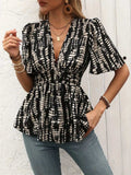 Printed V-Neck Half Sleeve Blouse - Trendsi - Flyclothing LLC