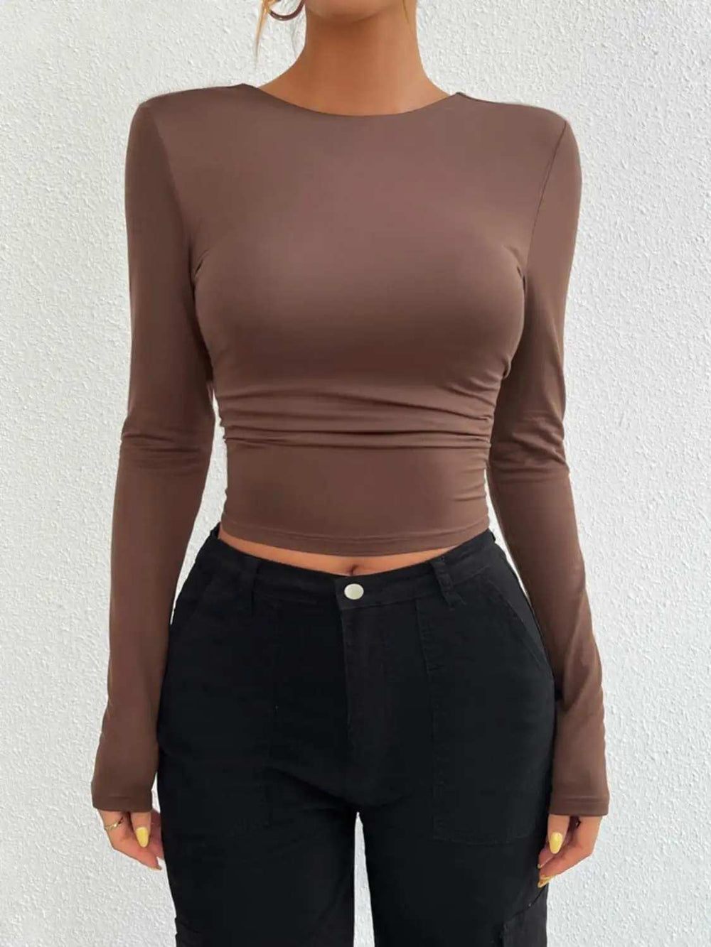Backless Round Neck Long Sleeve T-Shirt - Trendsi - Flyclothing LLC
