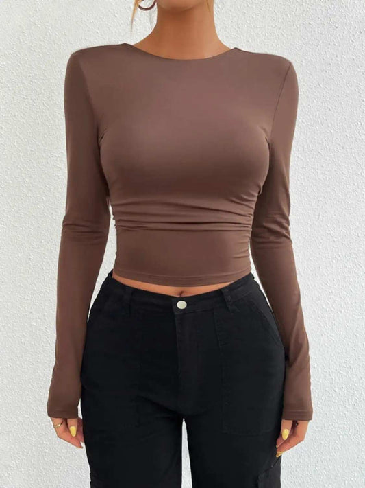 Backless Round Neck Long Sleeve T-Shirt - Trendsi - Flyclothing LLC