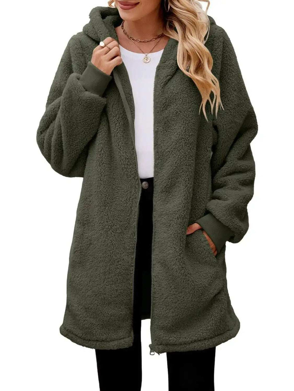 Fuzzy Pocketed Zip Up Long Sleeve Hooded Jacket - Trendsi - Flyclothing LLC