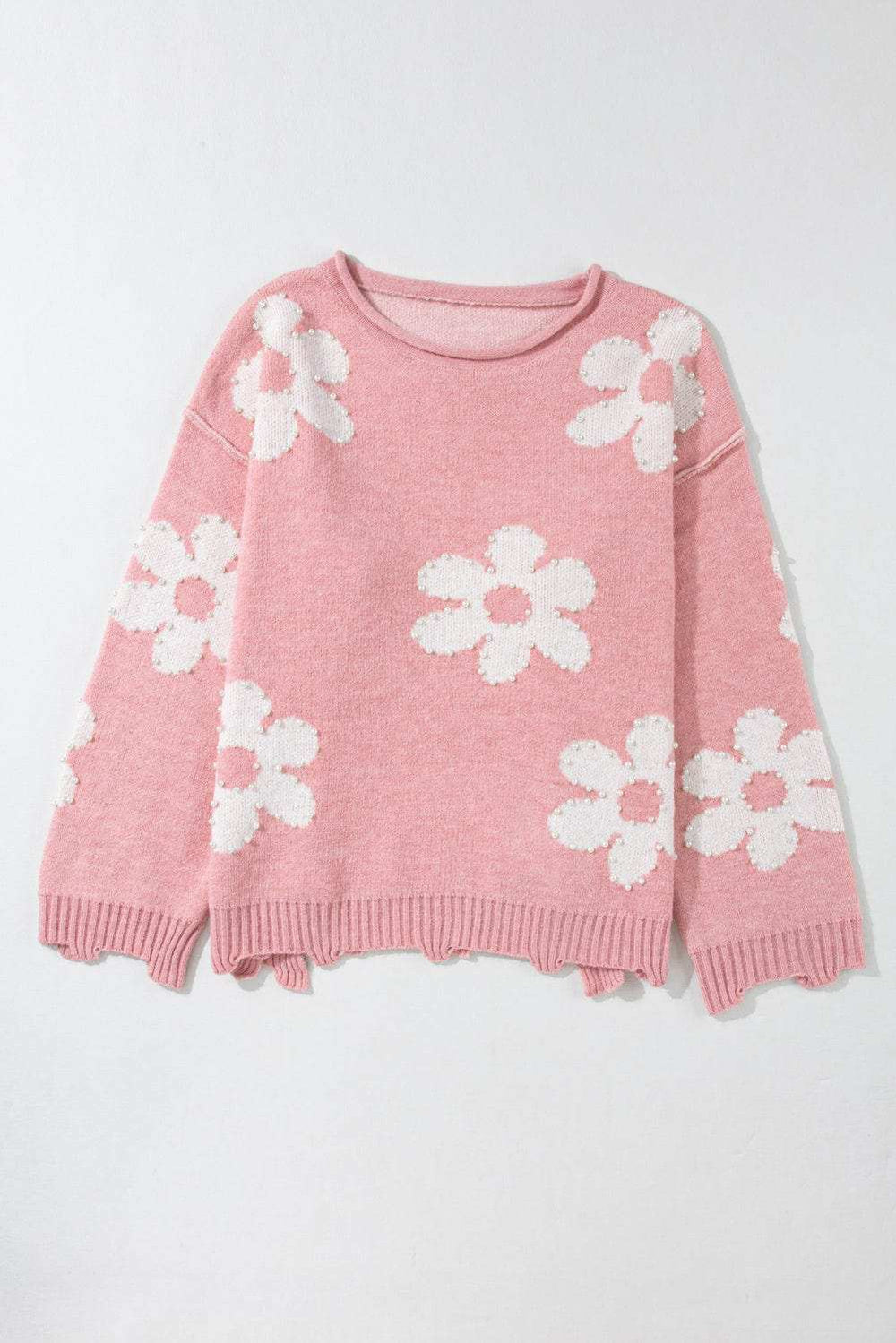 Pearl Trim Flower Round Neck Sweater - Trendsi - Flyclothing LLC