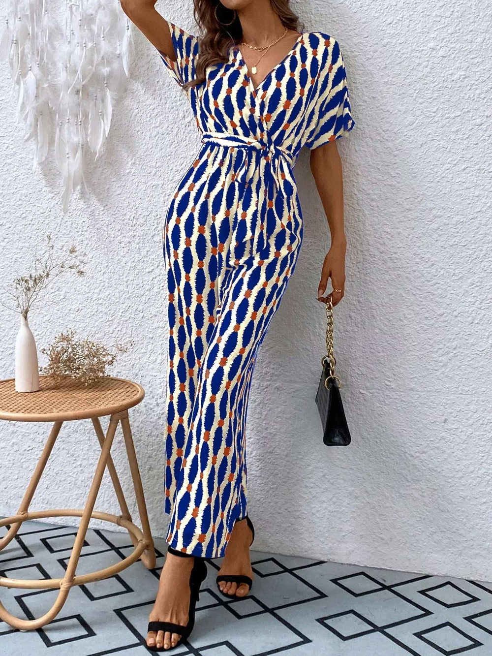 Printed Surplice Tie Waist Short Sleeve Jumpsuit - Trendsi - Flyclothing LLC