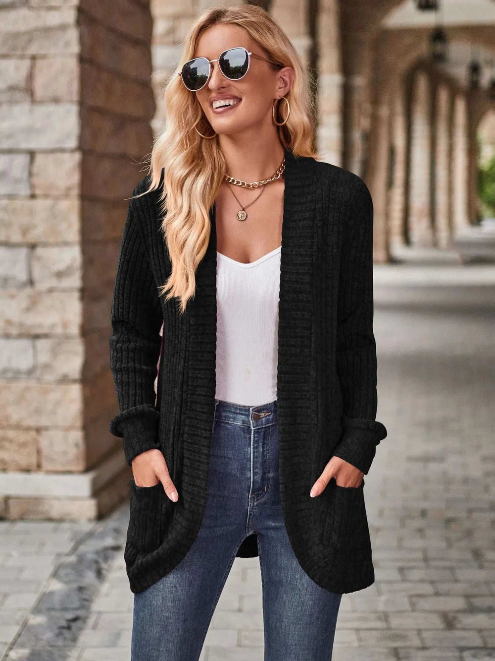 Ribbed Open Front Long Cardigan with Pockets - Trendsi - Flyclothing LLC