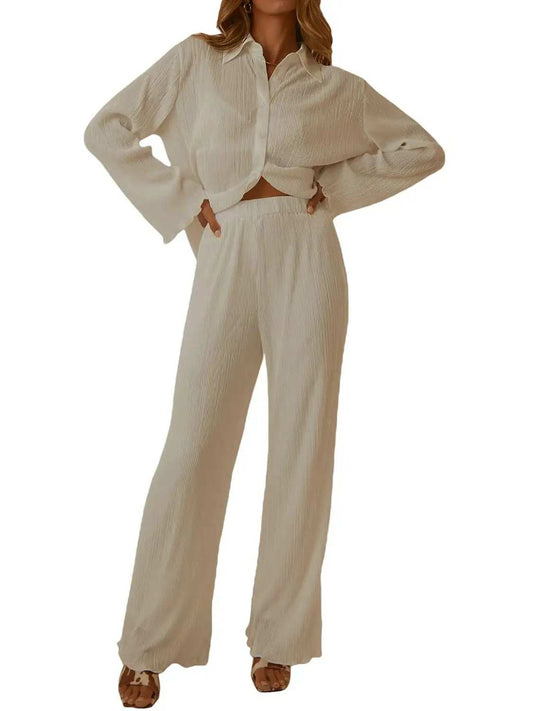 Collared Neck Long Sleeve Top and Pants Lounge Set - Trendsi - Flyclothing LLC