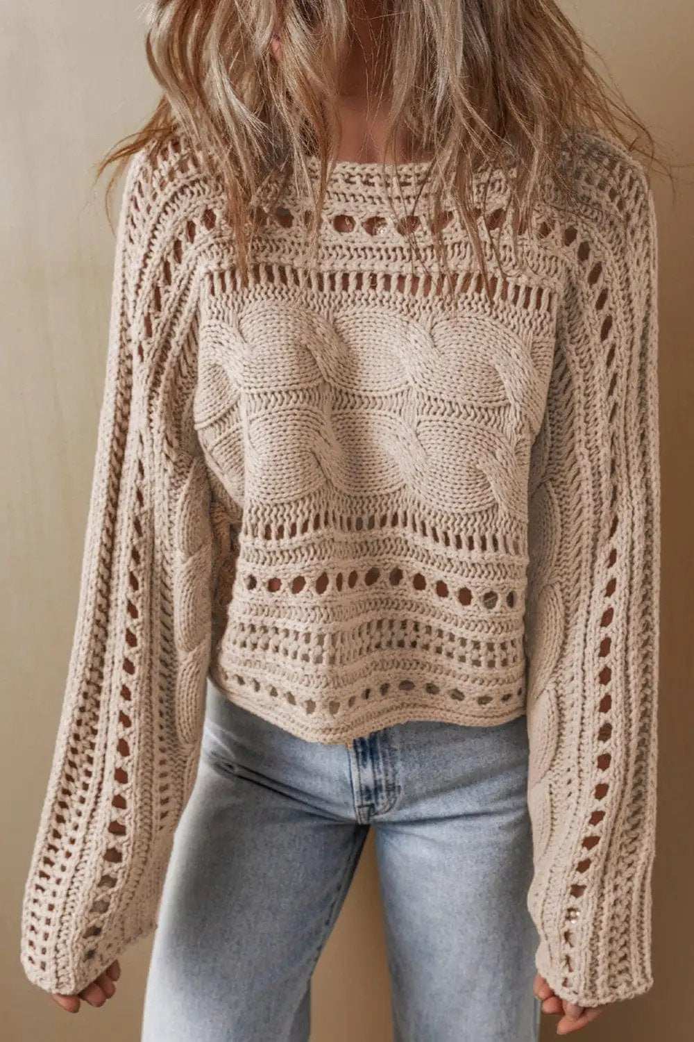 Cable-Knit Openwork Long Sleeve Sweater - Trendsi - Flyclothing LLC