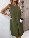 Pocketed Round Neck Sleeveless Mini Dress - Trendsi - Flyclothing LLC