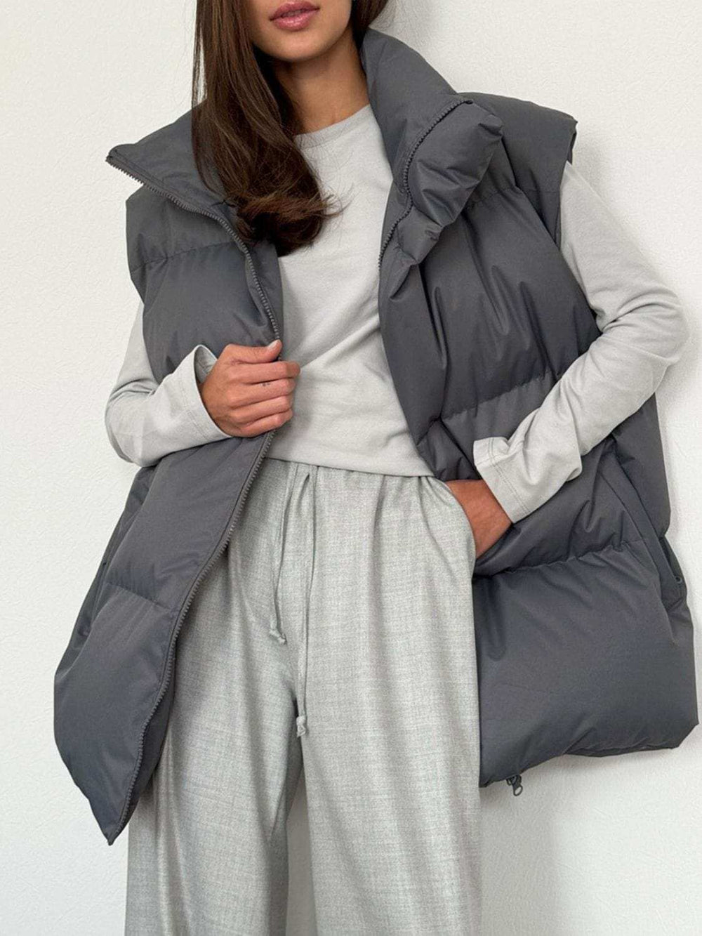 Zip Up Turtleneck Vest Coat - Trendsi - Flyclothing LLC