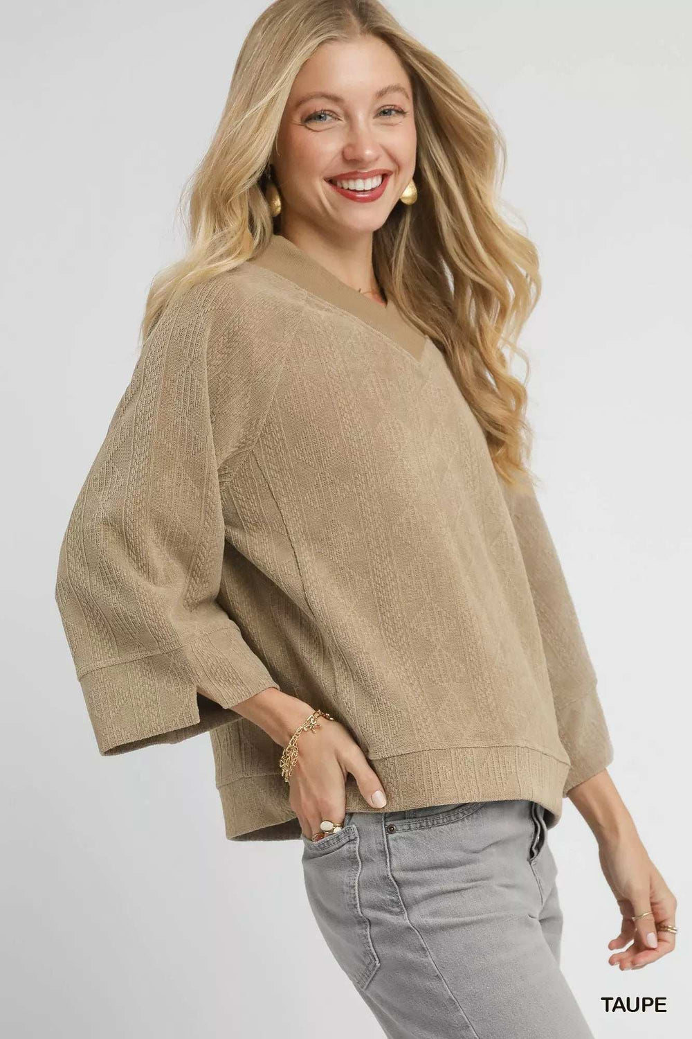 Umgee Textured Knit V-Neck Top - Trendsi - Flyclothing LLC