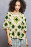 POL Round Neck Short Sleeve Color Pattern Crochet Top with Border Accents - Trendsi - Flyclothing LLC
