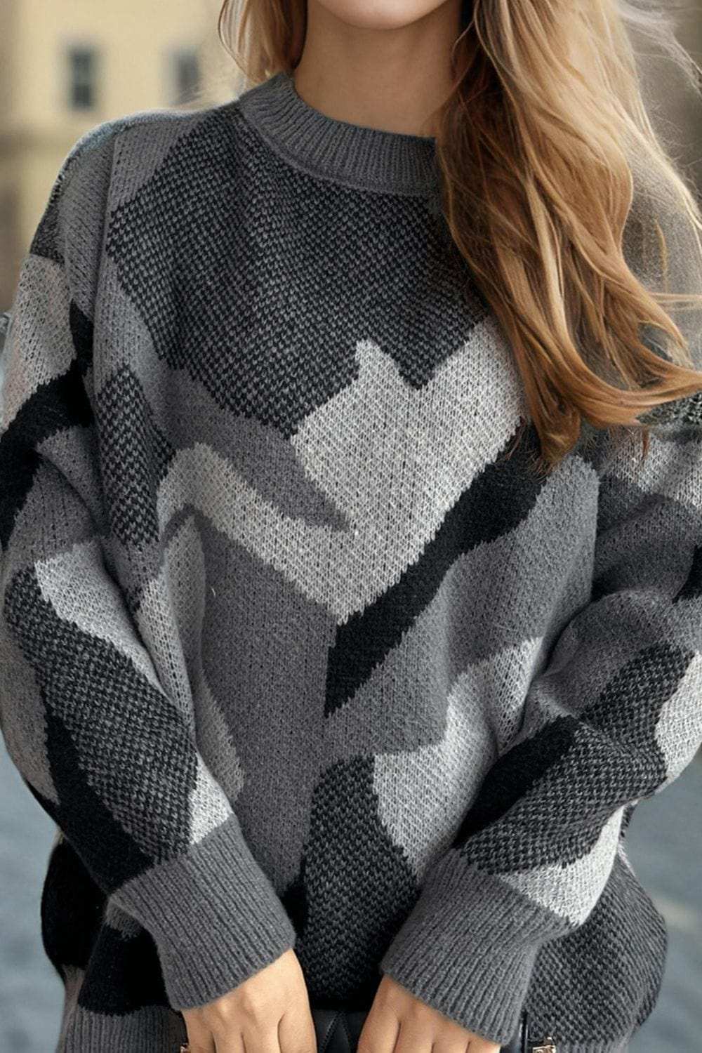 Contrast Round Neck Long Sleeve Sweater - Trendsi - Flyclothing LLC