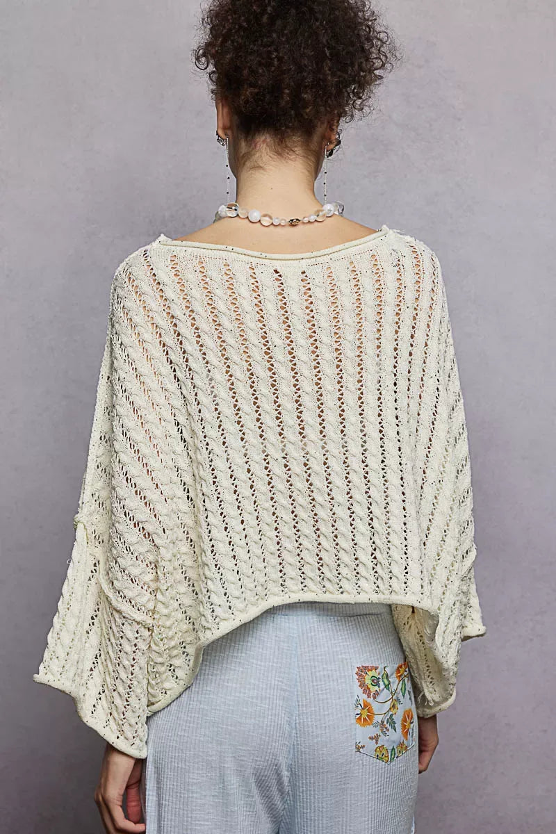 POL Cable-Knit Openwork Round Neck Cropped Sweater - Trendsi - Flyclothing LLC