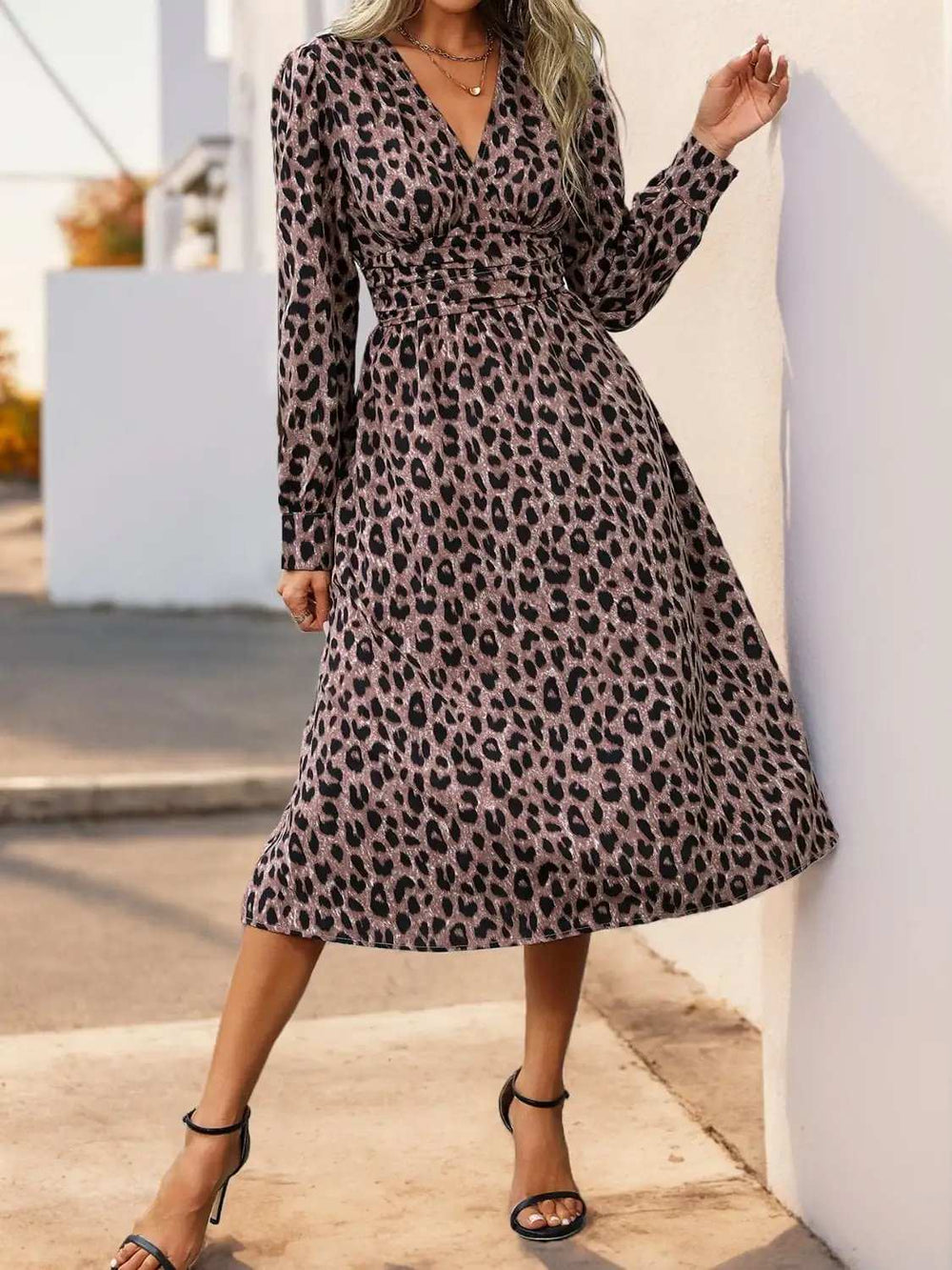 Perfee Leopard Surplice Long Sleeve Midi Dress - Trendsi - Flyclothing LLC
