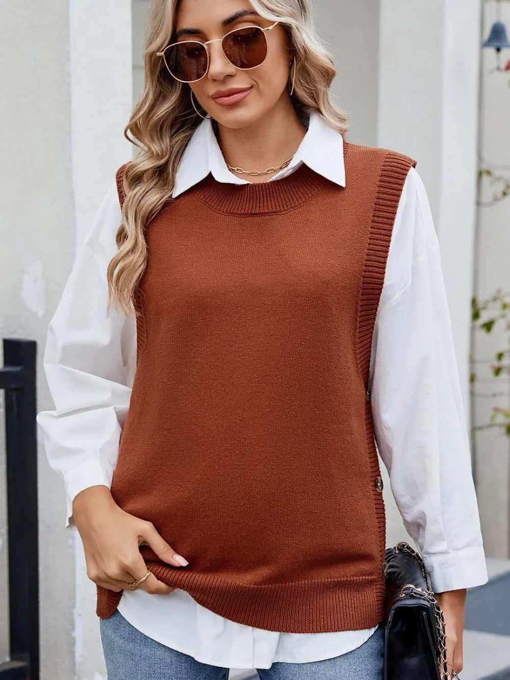 Buttoned Round Neck Sweater Vest - Trendsi - Flyclothing LLC
