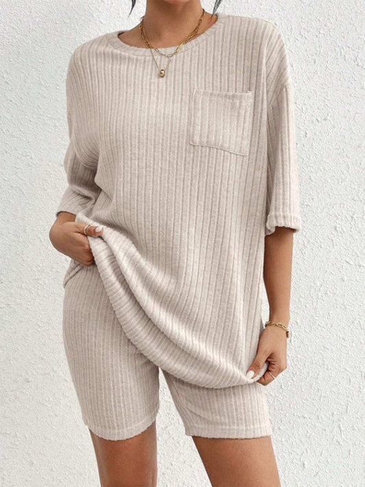 Ribbed Round Neck Top and Shorts Set - Trendsi - Flyclothing LLC