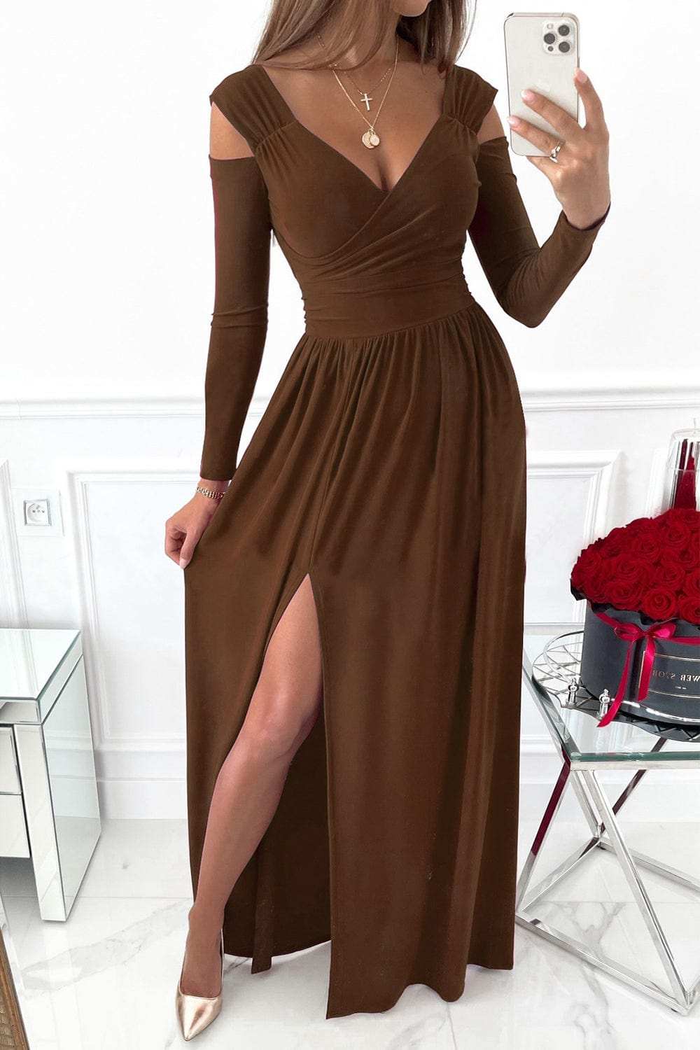 Slit Surplice Long Sleeve Maxi Dress - Trendsi - Flyclothing LLC