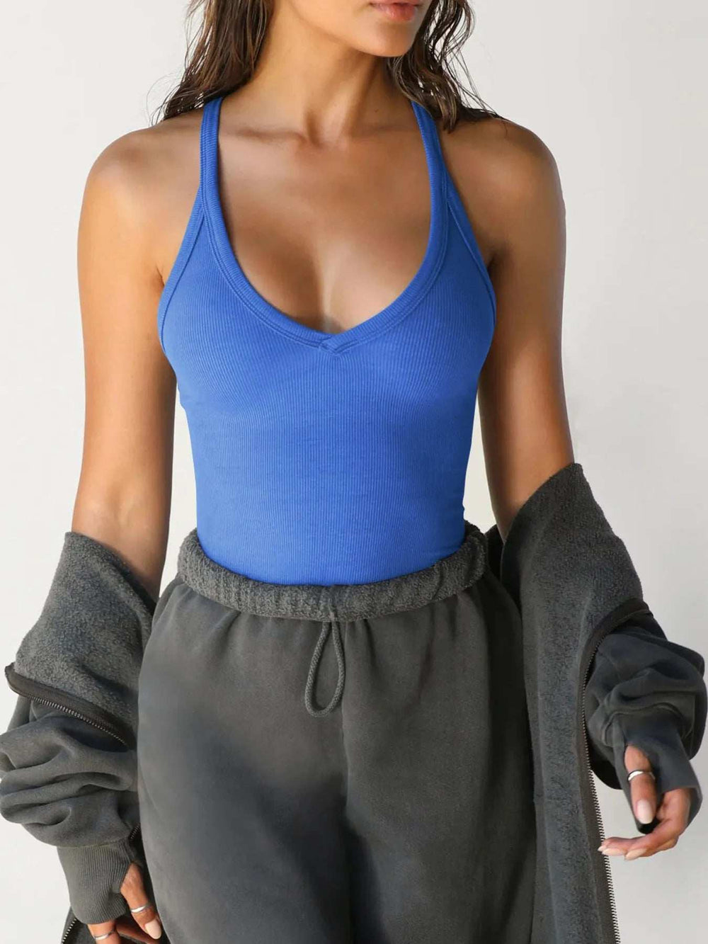 Ribbed V-Neck Halter Tank Top - Trendsi - Flyclothing LLC
