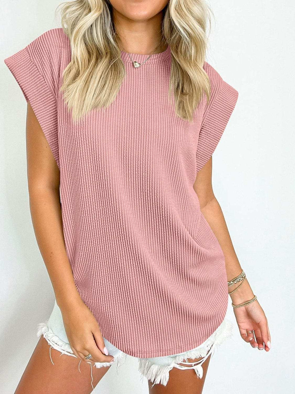 Textured Round Neck Cap Sleeve Blouse - Trendsi - Flyclothing LLC
