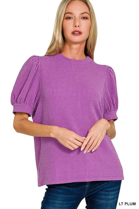 Zenana Raised Rib Puff Sleeve Top - Trendsi - Flyclothing LLC
