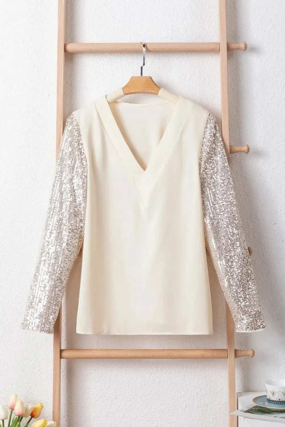 Sequin V-Neck Long Sleeve Blouse - Trendsi - Flyclothing LLC