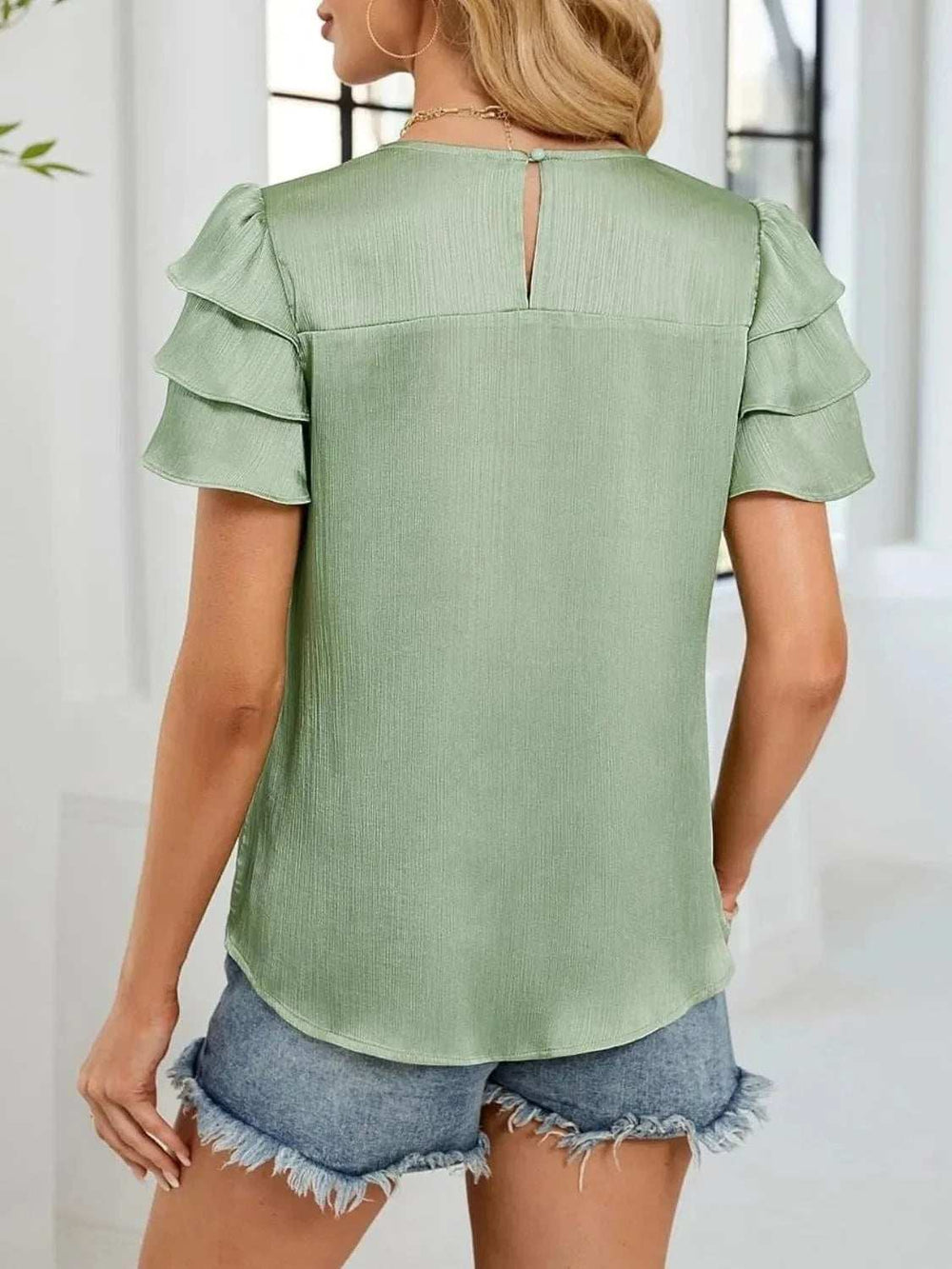 Smocked Round Neck Ruffled Layered Sleeve Blouse - Trendsi - Flyclothing LLC