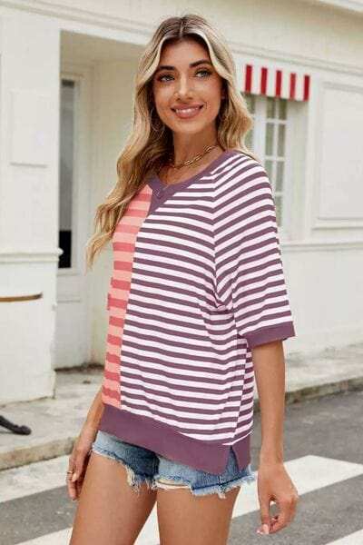 Striped Round Neck Half Sleeve T-Shirt - Trendsi - Flyclothing LLC