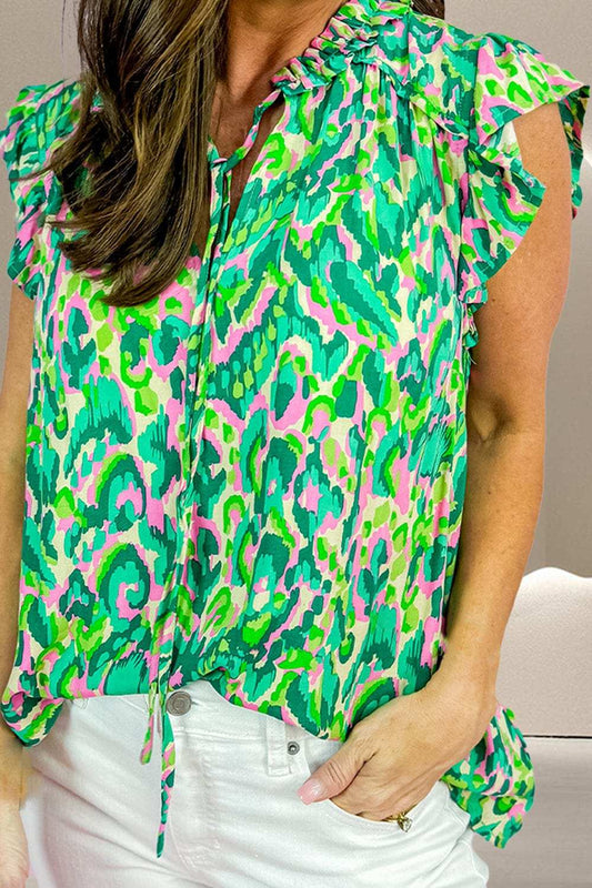 Ruffled Printed Tie Neck Cap Sleeve Blouse - Trendsi - Flyclothing LLC