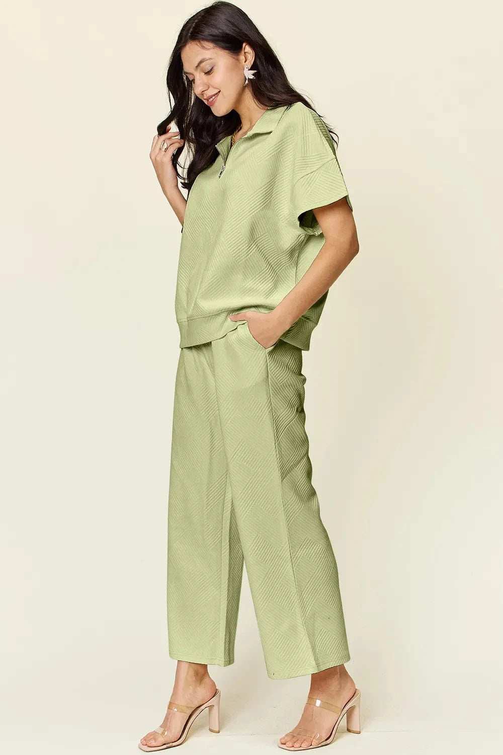 Double Take Full Size Texture Half Zip Short Sleeve Top and Pants Set - Trendsi - Flyclothing LLC