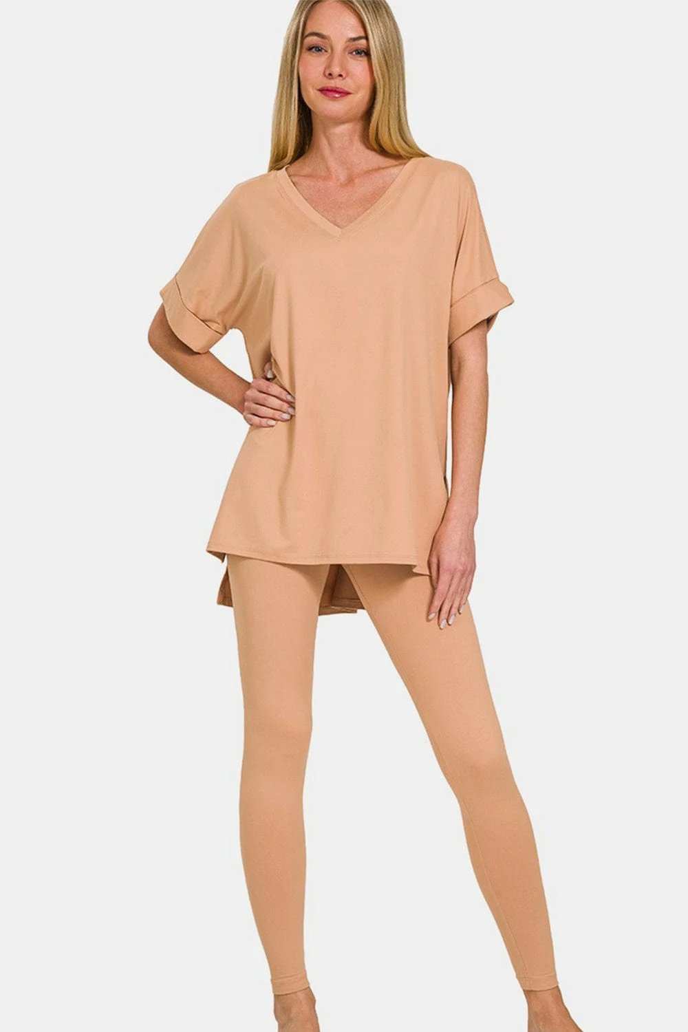 Zenana Full Size V-Neck Rolled Short Sleeve T-Shirt and Leggings Lounge Set - Trendsi - Flyclothing LLC