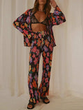 Printed Collared Neck Long Sleeve Top and Pants Lounge Set - Trendsi - Flyclothing LLC