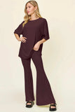 Double Take Full Size Round Neck Drop Shoulder T-Shirt and Flare Pants Set - Trendsi - Flyclothing LLC