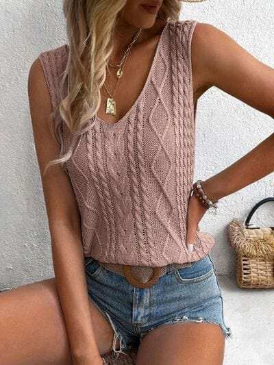 Cable-Knit V-Neck Sweater Vest - Trendsi - Flyclothing LLC