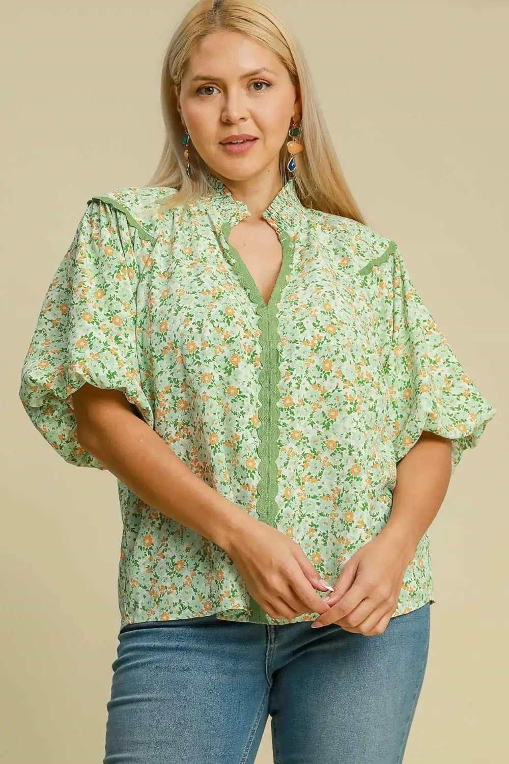 Umgee Full Size Floral Print Puff Sleeve Top Plus Size - Trendsi - Flyclothing LLC