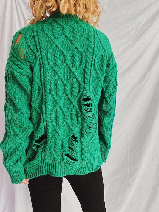 Distressed Cable-Knit Round Neck Long Sleeve Sweater - Trendsi - Flyclothing LLC