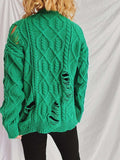 Distressed Cable-Knit Round Neck Long Sleeve Sweater - Trendsi - Flyclothing LLC