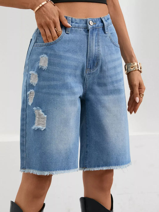 Ripped Frayed Hem Denim Shorts - Trendsi - Flyclothing LLC