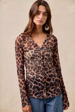 BiBi Leopard Printed Mesh Shirt With Button Up V Neck - Trendsi - Flyclothing LLC
