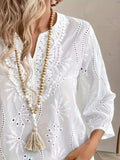 Eyelet Notched 3/4 Sleeve Blouse - Trendsi - Flyclothing LLC