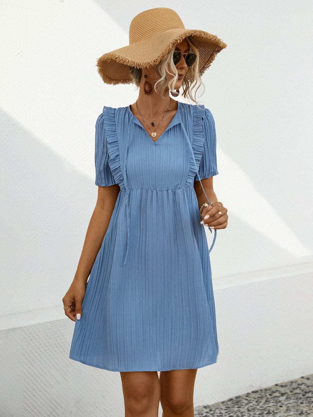 Tie Neck Short Sleeve Mini Dress - Trendsi - Flyclothing LLC