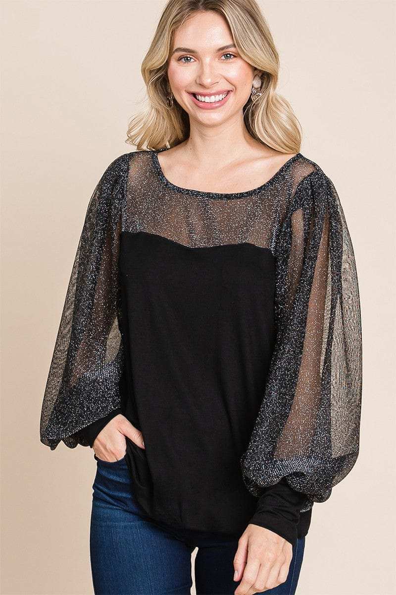 Super Lady Full Size Metallic Mesh Lantern Sleeve Blouse - Trendsi - Flyclothing LLC