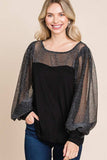 Super Lady Full Size Metallic Mesh Lantern Sleeve Blouse - Trendsi - Flyclothing LLC