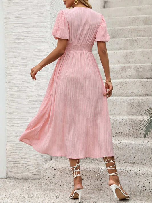 V-Neck Puff Sleeve Dress - Trendsi - Flyclothing LLC