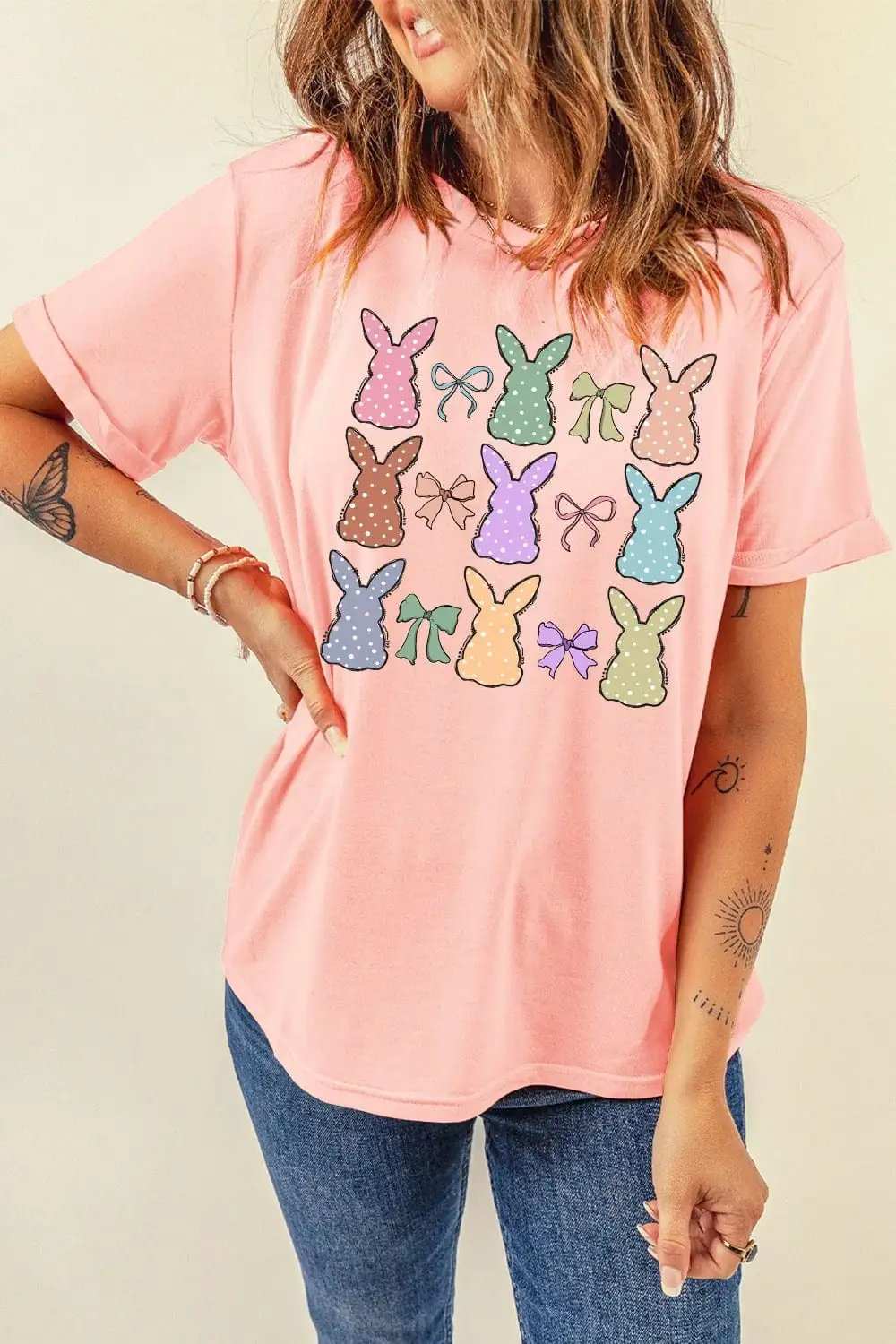Dotty Bunny Bow Graphic Short Sleeve T-Shirt - Trendsi - Flyclothing LLC