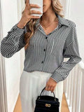 Cutout Bow Back Striped Collared Neck Long Sleeve Shirt - Trendsi - Flyclothing LLC