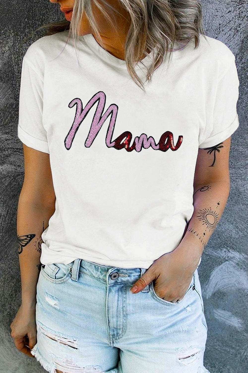 MAMA Sequin Round Neck Short Sleeve T-Shirt - Trendsi - Flyclothing LLC