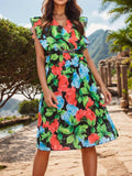 Ruffled Printed Surplice Cap Sleeve Dress - Trendsi - Flyclothing LLC