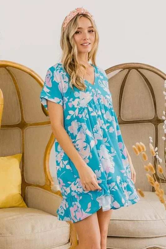 BiBi Floral Crinkle Shirred Ruffle Detail V Neck Dress - Trendsi - Flyclothing LLC